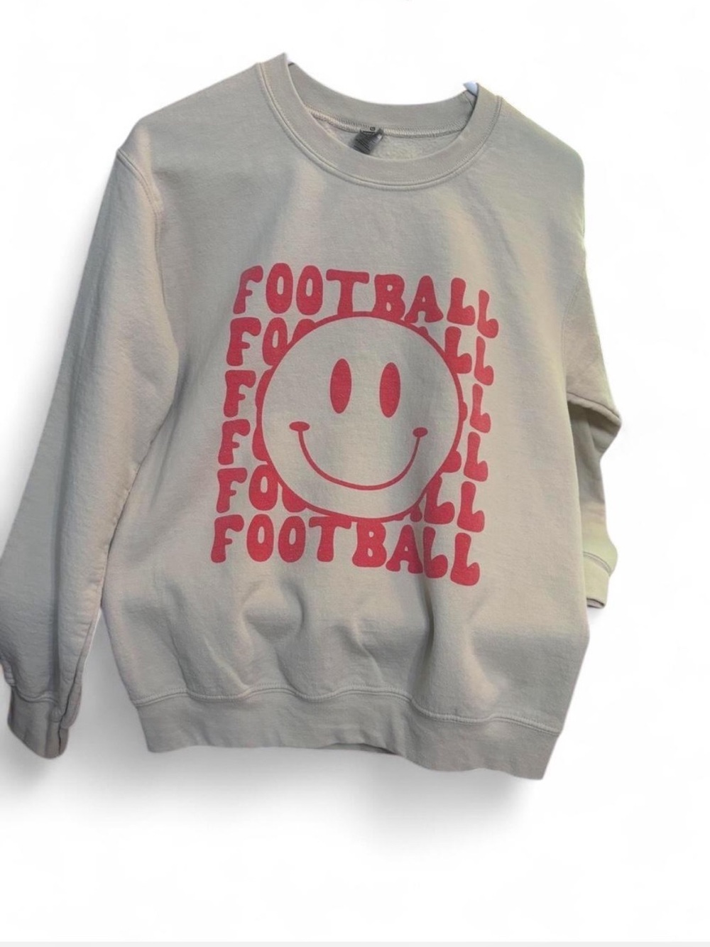 Gildan TanPullover Sweatshirt with Red Smiley Football Print